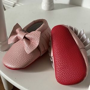 Red Bottom, Pink Pearl baby Moccasin Shoes 3-6 mo